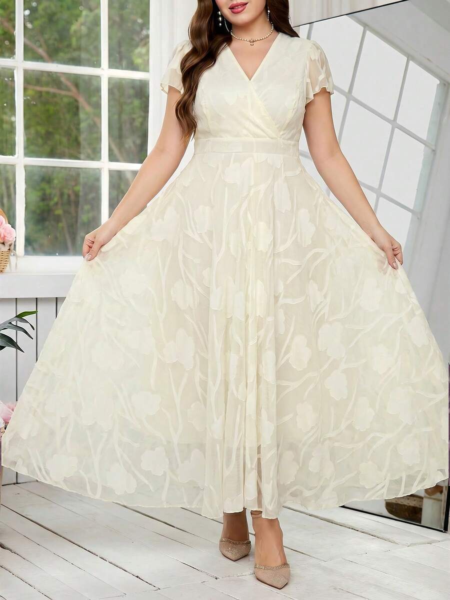 Reflora 大码女士优雅印花连衣裙,夏季婚礼宾客礼服 - 杏色 - 查看 1