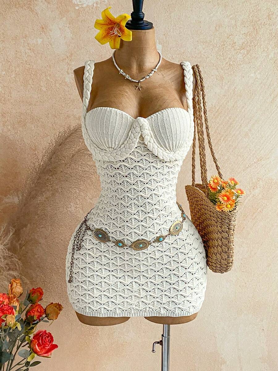 SHEIN WYWH Đầm ngắn dệt kim dành cho nữ đi nghỉ mát - Màu be - Xem 1