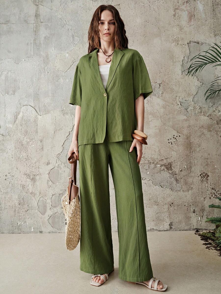 Aveloria Modichic Women's Linen-Like Short Sleeve Blazer And Straight Leg Pants Suit Set,Olive Green,Summer Casual Occasion,Office&Business Minimalist Crinkle Suit - Green - View 1