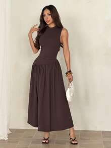 SHEIN PETITE Đầm không tay màu trơn thanh lịch dành cho nữ, thích hợp cho mùa hè. - màu nâu - Xem 10