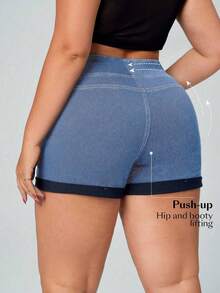 Flexra Celana Pendek Denim Kasual Musim Panas Ukuran Besar dengan Desain Cuci Rusak Warna Biru Tua Lembut untuk Pemakaian Sehari-hari Celana Pendek Wanita Ukuran Besar - Biru - View 2