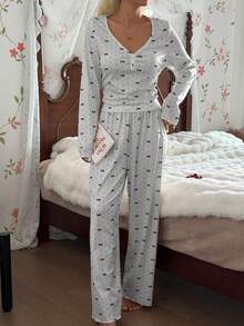 CottageSlumber Women's Casual Bow Dot Print V-Neck Fitted Long Sleeve Pajama Set - Light Grey - View 6