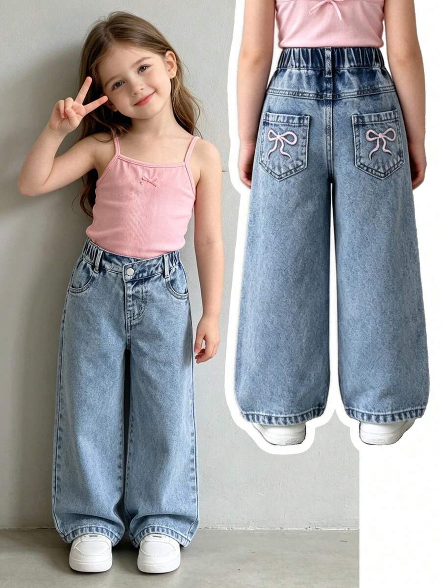 SHEIN Elladie kids Young Girls' Casual Jeans,Back-To-School Light Blue Vintage Distressed Denim,Elastic Waist Asymmetric Design,Bow Embroidered Pocket Straight Leg Pants