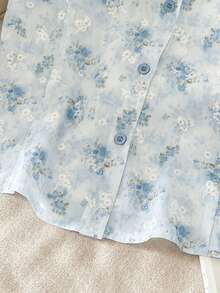 Seusyu Women's Digital Print Floral Ruffle Sleeve Blouse, Fashionable & Age-Reducing, Spring/Summer - Blue - View 7