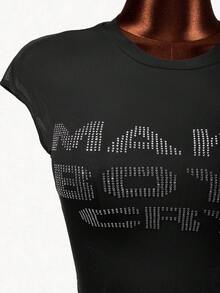 Mistrie Rhinestone Decor Round Neck Fitted Summer Fashionable Short Sleeve T-Shirt - Black - View 5
