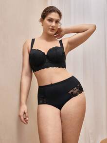 Bralution Solid Color Contrast Lace Plus Size Panty Sexy Lingerie, One Piece - Black - View 6