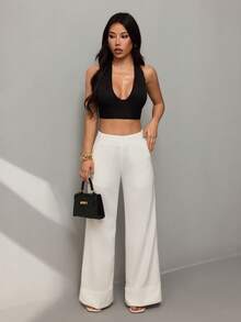 SHEIN PETITE Quần ống rộng thanh lịch dành cho nữ, kiểu dáng thời trang và thoải mái, phù hợp cho dịp Giáng sinh, Lễ Tạ ơn và trang phục công sở mùa xuân/hè. - trắng - Xem 4