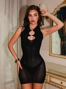 SHEIN Allurite Đầm dệt kim co giãn cao, cổ yếm, khoét rỗng, đính đá và khóa cài. - màu đen - Xem 4