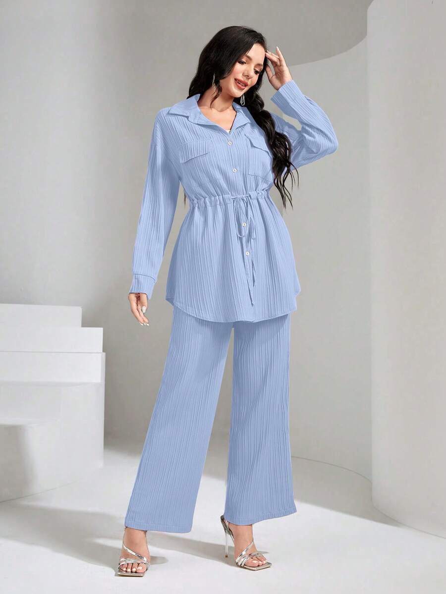 Graceveil Bộ đồ 2 món: Áo sơ mi túi nắp, eo dây rút và quần ống rộng, kiểu dáng thanh lịch. - Màu xanh nhạt - Xem 1