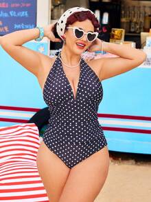 Swim Mod Plus Size 2-Piece Set Black Summer 1920s Flapper Beach Holiday, Random Polka Dot Print Deep V-Neck Halter Backless Ruched High Waist Bikini Set - Black and White - View 6