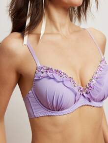 Elorette Satin Embroidered Lingerie Set, 3D Floral Pleated Lace Trim Underwire Bra And Panty - Mauve Purple - View 2