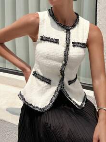 Patchwork Contrast Ruffle Hem Fitted Round Neck Sleeveless Vest, Elegant Summer Holiday Women Jacket - White - View 4