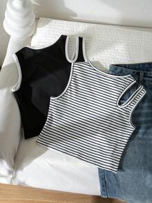 Bộ 2 áo tank top crop ôm dáng khoét lỗ cho bé gái, phối màu trắng và đen kẻ sọc. - Nhiều màu - Xem 2
