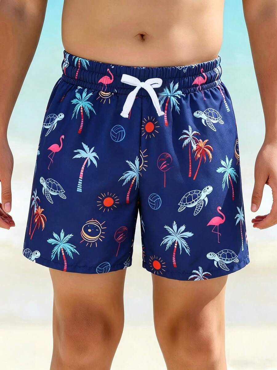 SHEIN Đồ bơi cho bé trai, quần bơi in hình chim hồng hạc và rùa màu xanh ngọc, dây thắt nơ ở eo, đồ dùng cần thiết cho kỳ nghỉ biển và hồ bơi, quần short mùa hè thường ngày cho bé trai, chống nắng. - Màu xanh hải quân - Xem 1