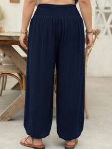 EMERY ROSE Plus Size Solid Color Casual Pleated Loose Beach Vacation Pants Fall - Navy Blue - View 2