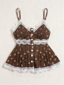 SHEIN LUNE 2026夏季新款女士吊带背心，适合海滩度假，纽扣和花卉印花拼接蕾丝边无袖短款V领休闲上衣，约会、夜间外出皆宜。 - 彩色 - 查看 7
