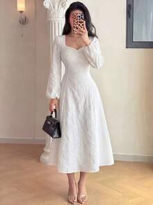 Modelyn White Autumn Elegant Date Dress For Women Square Neck Embroidered Fabric Patchwork Long Sleeve Cinched Waist Flared Midi Broderie Bride Filipiniana - White - View 3