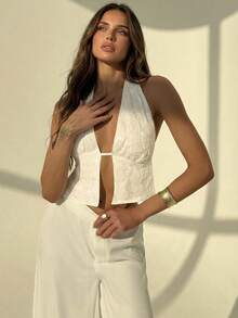 Aloruh Women's Solid White Beaded Embroidery Halter Backless Tie Camisole, Spring/Summer - White - View 3