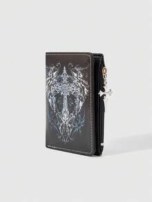 ROMWE Ví đen họa tiết cánh và thánh giá phong cách Y2K Gothic - Thiết kế sáng tạo Garbage Punk, ví đựng thẻ giả da thời trang thường ngày với mặt dây chuyền hình thánh giá, phù hợp cho thanh thiếu niên và sử dụng hàng ngày. - Chữ thập đen và trắng - Xem 3