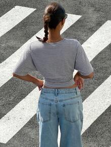 Muchica 女士休闲条纹圆领短袖收腰上衣，夏季 - 灰色 - 查看 2