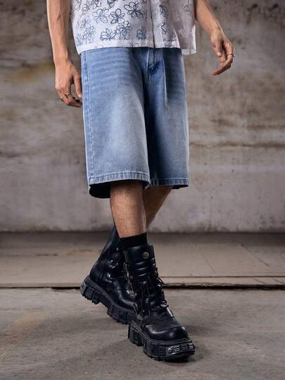 Skyrend Men's Casual Street Style Blue Denim Printed Shorts
