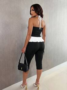 Xyvia Women's Black And White Summer Elegant Party Night Sleeveless Camisole,Retro High-End Waist-Cinched Ruched Ruffled Hem Contrast Binding Metal Buckle - Black and White - View 2