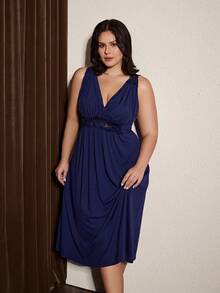 Slumberist Plus Size Women Lace Patchwork V-Neck Ruched Nightgown - Navy Blue - View 1