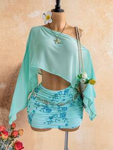 Soleia Bộ 2 món dành cho nữ: Áo khoác ngoài cổ lệch gợi cảm + Chân váy mini xếp ly đính đá bằng chiffon, trang phục thường ngày cho kỳ nghỉ biển, hẹn hò, tiệc trà chiều, đi biển, du thuyền, du lịch thành phố, lễ hội âm nhạc, tiệc tùng, kỳ nghỉ phong cách boho, đi làm hàng ngày, trang phục nghỉ dưỡng gợi cảm, chất liệu móc len, vải lanh. - Màu xanh bạc hà - Xem 9