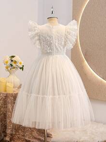 Tween Girls' Elegant Luxurious Mesh Patchwork Dress, Suitable For Birthday Party, Wedding, Flower Girl Dress, Princess Dress - White - View 2