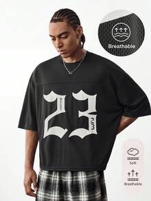 Manfinity Unisex 男士宽松圆领短袖数字印花T恤，夏季款 - 黑色 - 查看 5