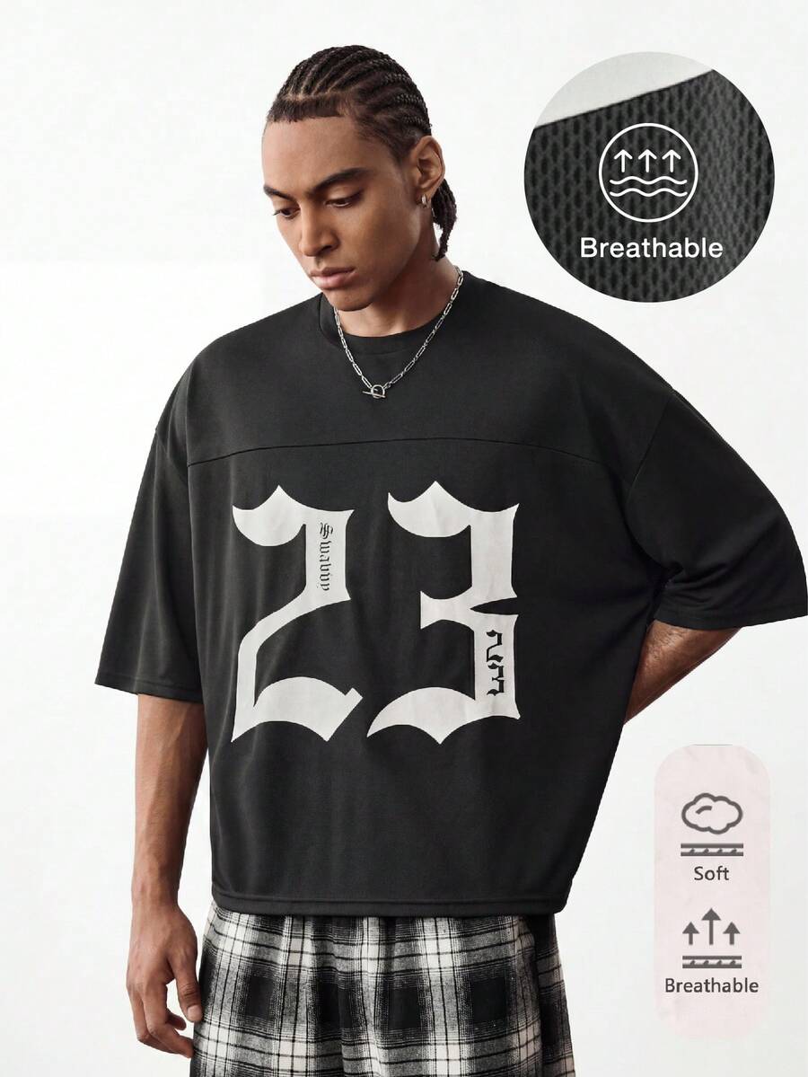 Manfinity Unisex 男士宽松圆领短袖数字印花T恤，夏季款 - 黑色 - 查看 1