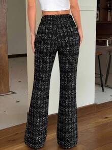 SHEIN Tall CURVE 大码时尚格子喇叭裤 - 黑色 - 查看 5