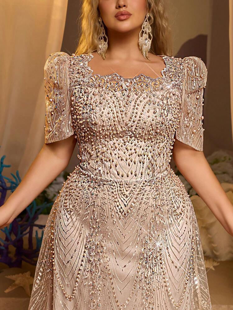 Vestido elegante y romántico de talla grande con cuello cuadrado, mangas cortas, transparente, decorado con cristales y perlas, corte evasé, adecuado para bodas, fiestas, ocasiones formales, cenas de gala (diseño con adornos) - Champán - Añade 8