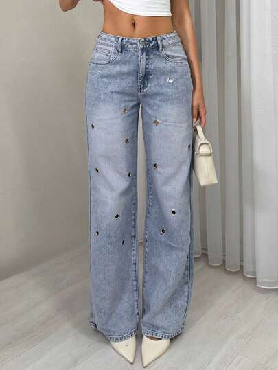 TRNVIE Jeans rectos con remaches de estilo casual y de moda