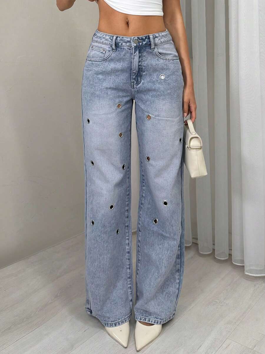 SHEIN TRNDY Quần jeans ống đứng đính đinh tán phong cách đường phố thường ngày thời trang - Rửa trung bình - Xem 1