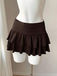 Comfortcana Women's Casual Everyday Commute Solid Color Layered Ruffle Hem Skirt, Summer - Brown - View 3