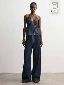 Women's Front Tie Slit Design Halter Top And Jeans Pants Set - Navy Blue - View 1