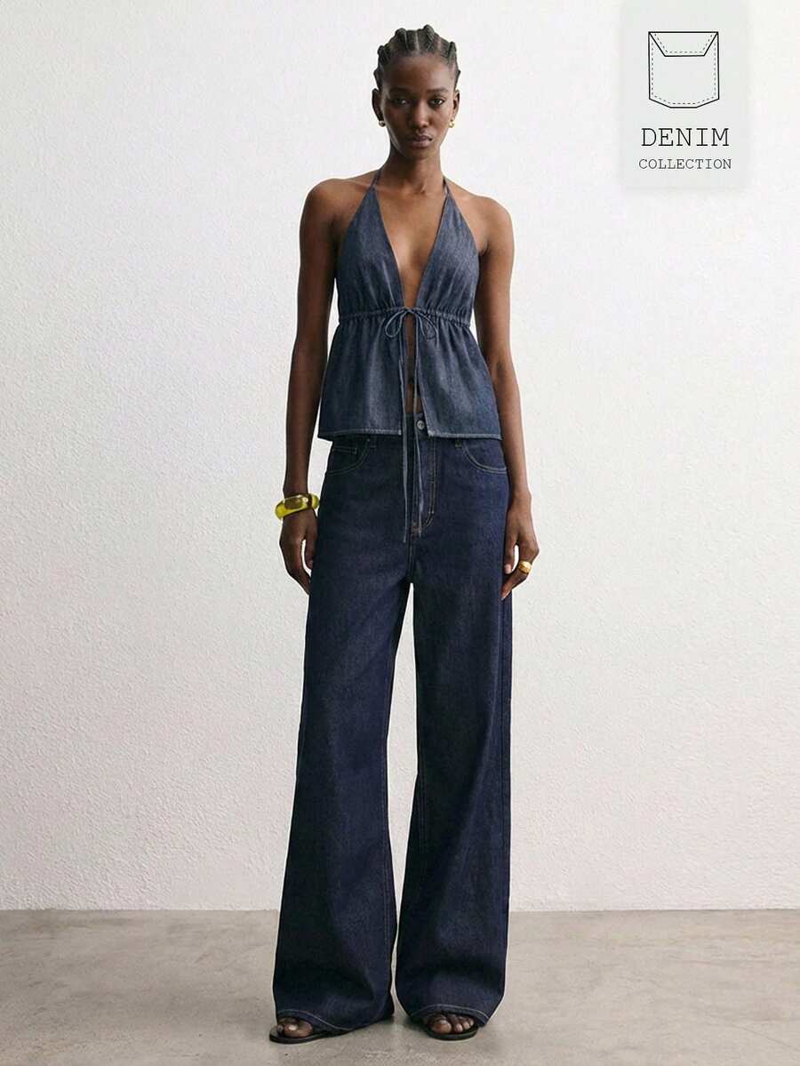 Women's Front Tie Slit Design Halter Top And Jeans Pants Set - Navy Blue - View 1