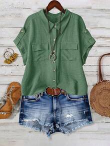 SHEIN LUNE CURVE Plus Size Women's Solid Color Full Button Collar Short Sleeve Dual Pocket Casual Comfortable Fashion Shirt - Mint Green - View 3
