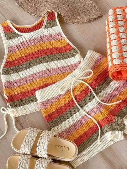 EMERY ROSE Bộ áo vest và quần short dệt kim kẻ sọc tương phản dành cho nữ