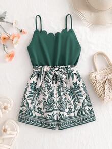 SHEIN Tween Girls' Fashion Patchwork Print Jumpsuit - Green - View 8