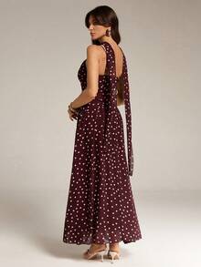 SHEIN Tall Đầm không tay chấm bi màu nâu lãng mạn mùa xuân/hè dành cho nữ, có dây buộc cổ, ngọt ngào và thanh lịch, thích hợp cho kỳ nghỉ, hẹn hò, lễ hội, đi chơi và ngày Valentine, trang phục mùa xuân cho nữ. - màu nâu - Xem 2