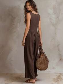 Solivie Bộ áo liền quần không tay màu nâu đậm dành cho nữ, thiết kế cài nút, có túi, kiểu dáng retro boho mùa hè, chất liệu co giãn, có họa tiết bèo nhún, kiểu dáng thoải mái và đa năng với phần eo được thắt lại. Áo liền quần cho nữ, quần dài, trang phục đi biển lịch sự cho nữ, trang phục đi nghỉ mát, áo liền quần cho nữ, quần áo cho nữ dáng nhỏ nhắn, áo liền quần cho kỳ nghỉ. - Cà phê nâu - Xem 3