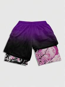 ROMWE MEN Anime Men's Summer Casual Floral & Dragon Print Drawstring Waist Shorts - Multicolor - View 2