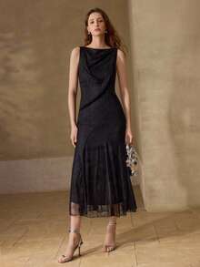 MOTF PREMIUM WOMEN'S ELEGANT LONG LACE DRESS WITH STRUCTURAL DESIGN, SPRING/SUMMER - Black - View 5