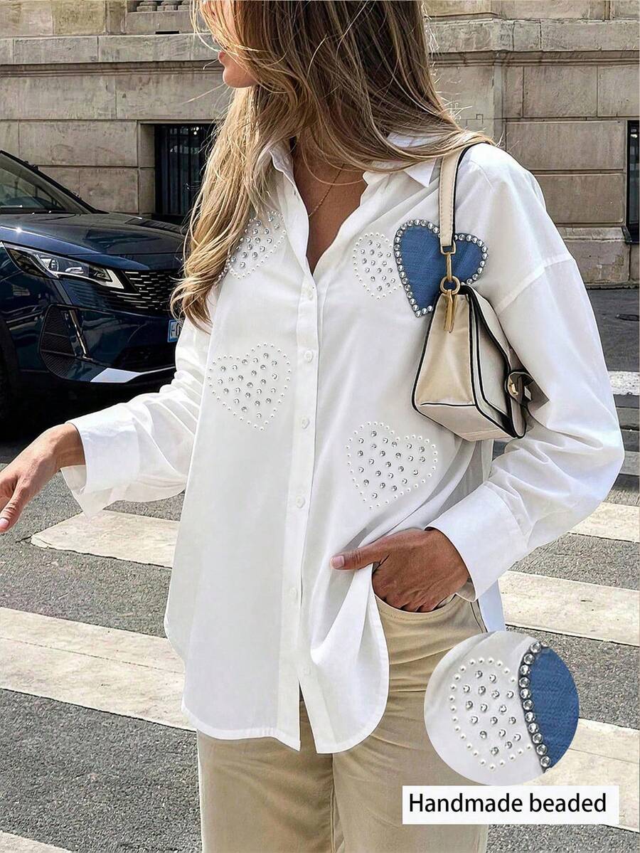 Cévolie Rhinestone Embellished Heart Decor Front Button Casual Long Sleeve Blouse For Women - Multicolor - View 1