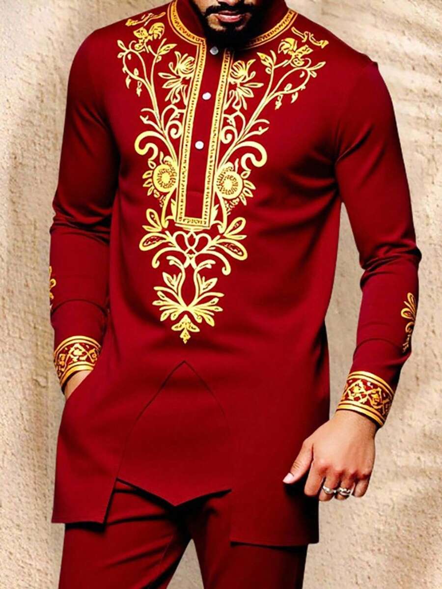 Manfinity AFTRDRK Standard Size Men's Graphic Print Robe Shirt, Middle Eastern Holiday Gift Men Dashiki Suits Men's African Wear Red And Gold Shirt Men African Suit For Men - Burgundy - View 1