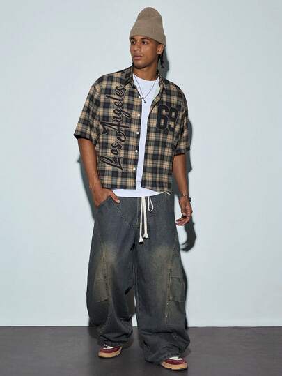 Modcrash 1 pieza Pantalones vaqueros de pierna ancha con parches y decoración de remaches para hombres Hearty Haven, pantalones de mezclilla casuales, cómodos y versátiles para usar en la calle, sin cinturón ni accesorios