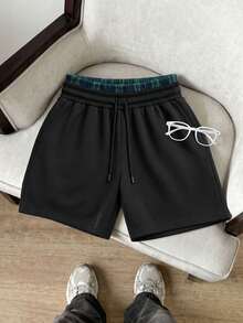 STEELVANCE Men's Summer Casual Everyday Commute Versatile Patchwork Plaid Drawstring Waist Loose Shorts - Black - View 6