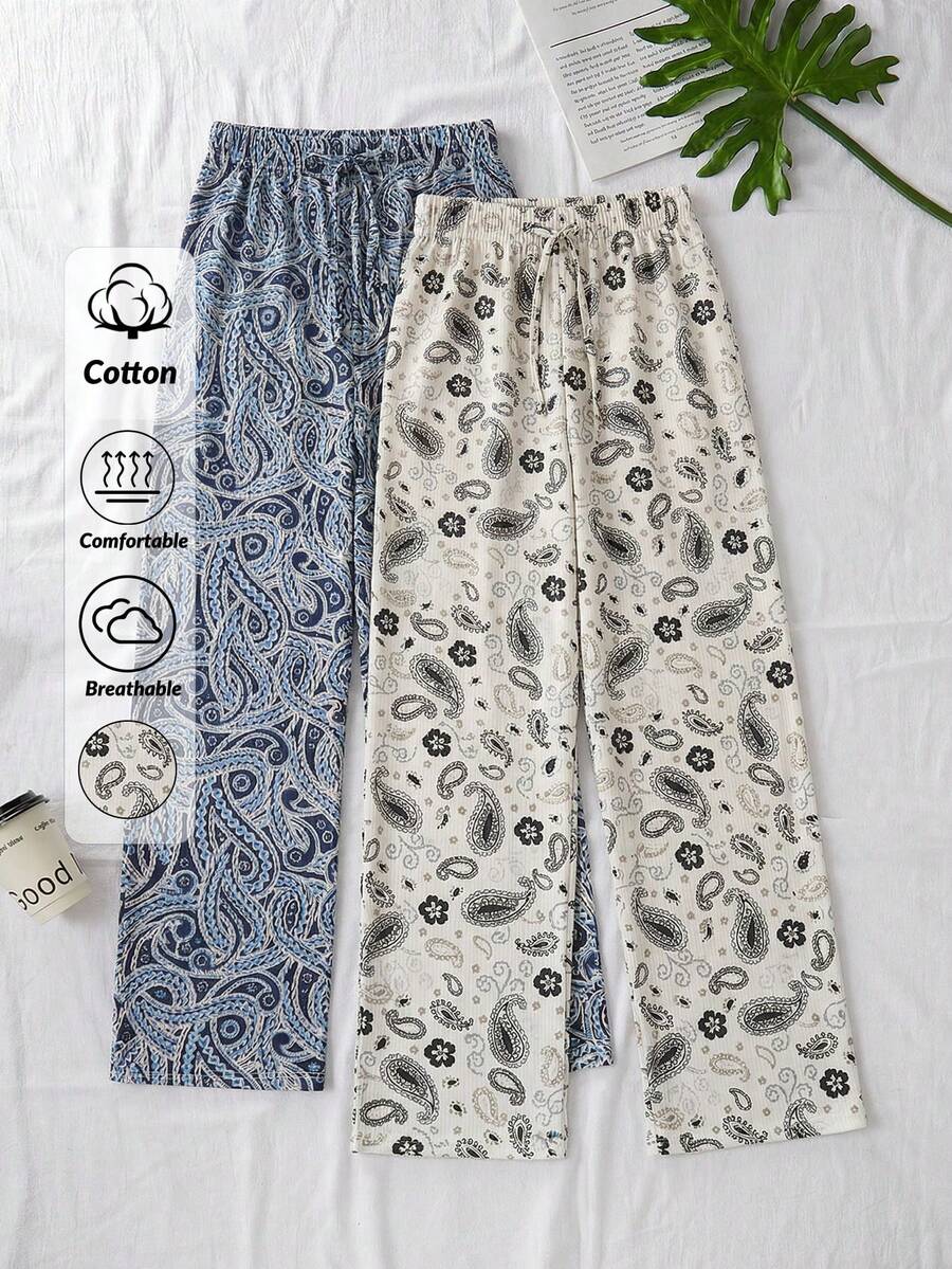 SHEIN Cotton Line 女士休闲抽绳多色两件套长款睡裤 - 彩色 - 查看 1